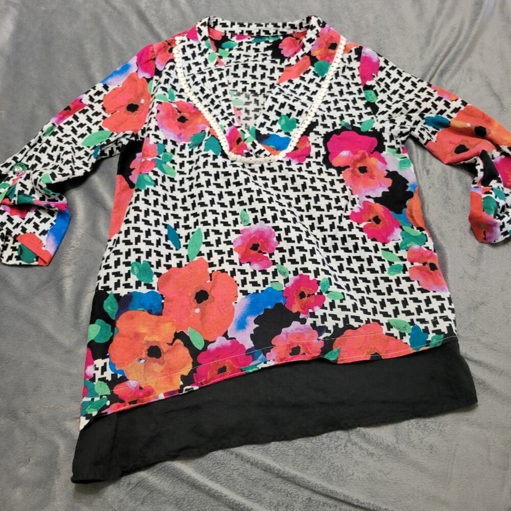 Rafaella Shirt Womens M Linen Watercolor Floral Roll Sleeve Asymmetric Lagenlook